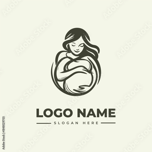 A minimalist vector illustration of a pregnant woman in a circular logo design with a placeholder logo name and slogan on a clean background.