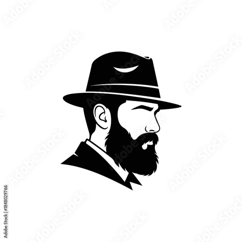 Bearded Man in Fedora Hat Portrait Illustration.