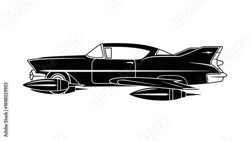 Retro futuristic flying car with rocket thrusters and fins