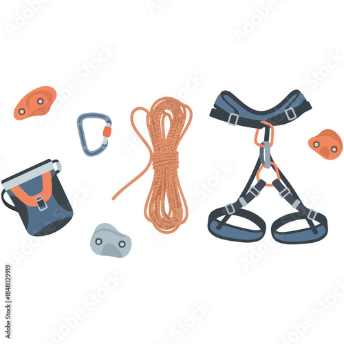 Climbing Gear Set Including Harness Rope Carabiners and Chalk Bag.