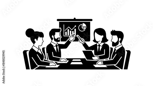 Business team meeting analyzing financial charts on a whiteboard