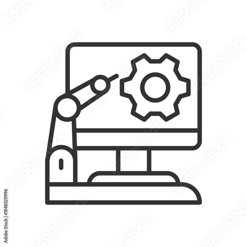 Manufacture icon in line design. industrial manufacturing, robotic arm, automation, production technology on white background vector. Manufacture editable stroke icon