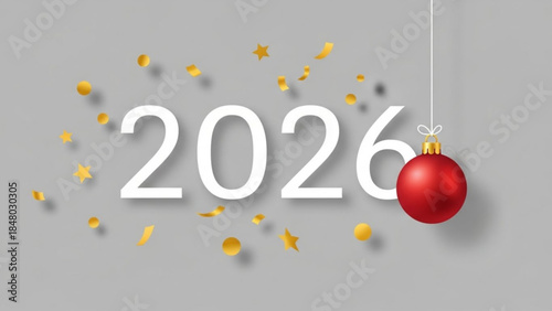 Happy New Year 2026 with red ornament and gold confetti festive celebration concept isolated on grey