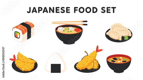 Japanese food set featuring sushi, ramen, tempura, dumplings, takoyaki & edamame. Perfect for menus, apps, websites & culinary designs. Flat vector illustrations