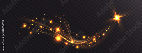 Golden light trail with sparkling stars and glowing particles on transparent background, magical abstract motion effect.