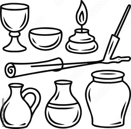 Sacred Altar Outline Icon Set  Offering Bowl, Chalice, Scroll, and Ritual Elements