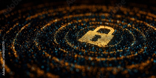 Glowing digital padlock symbol emerges from swirling concentric fields of luminous particles against a dark background