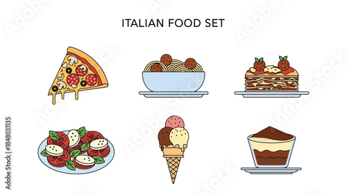 Italian food set with pizza, pasta, tomato, basil, cheese & olive oil. Perfect for menus, apps, websites & culinary designs. Flat vector illustrations