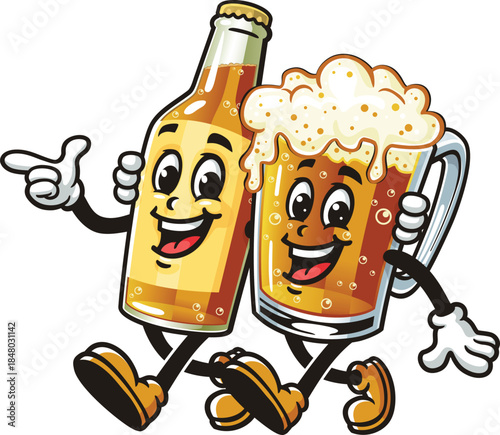 Cartoon of beer bottle and beer glass walking together