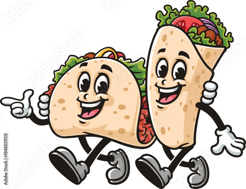 Cartoon taco and burrito walking together