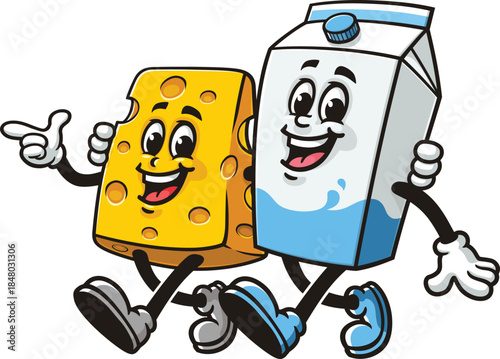 Cartoon cheese and milk box walking together