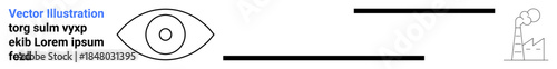 Environmental awareness, air pollution, industrial impact, sustainability efforts, climate change, ecology. Black eye symbol and factory icon. Environmental awareness and air pollution concept
