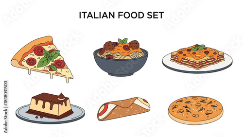 Italian food set with pizza, pasta, tomato, basil, cheese & olive oil. Perfect for menus, apps, websites & culinary designs. Flat vector illustrations