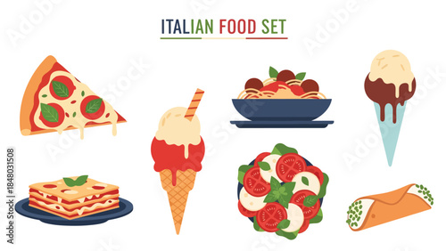 Italian food set with pizza, pasta, tomato, basil, cheese & olive oil. Perfect for menus, apps, websites & culinary designs. Flat vector illustrations