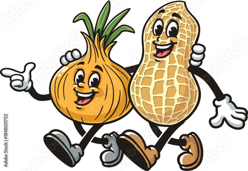 Cartoon of peanut and onion walking together