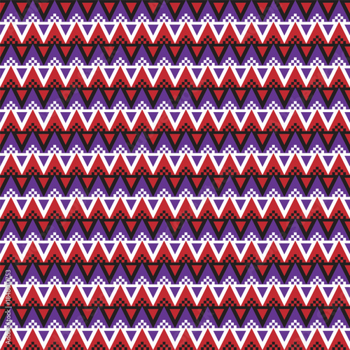 Geometric Seamless Triangle Motif Pattern With Red, Purple, and White Stripes Textile