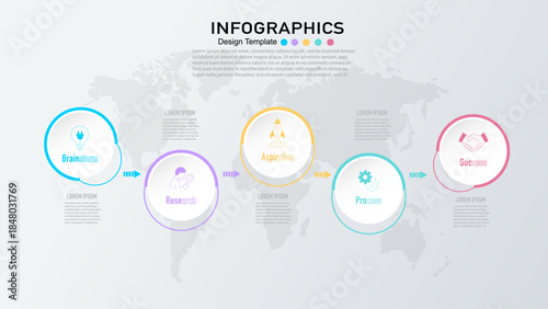 5 steps infographic with business icons and world map for workflow, timeline, and strategy presentation.