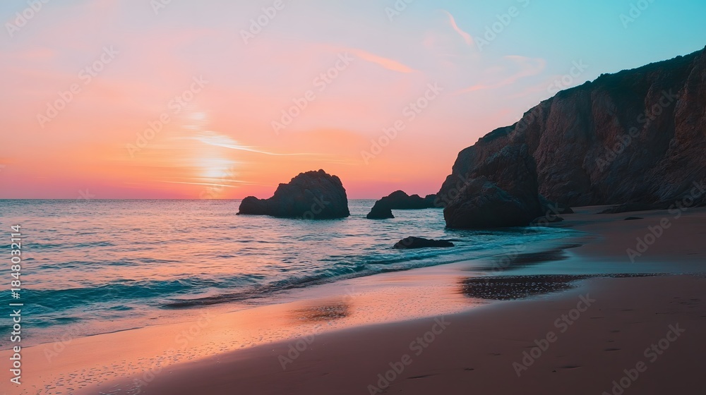 Fototapeta premium tropical sunset over ocean with palm trees