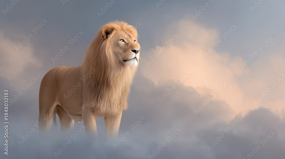 Obraz premium Majestic lion on soft cloudscape sky, golden mane, fantasy wildlife scene, calm expression, dreamlike light