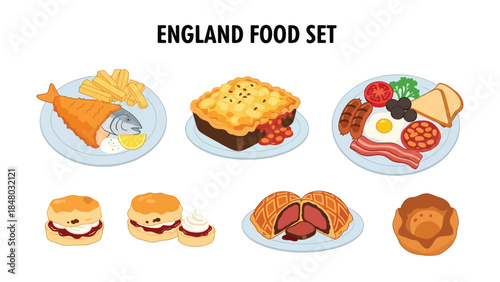 English food set featuring fish & chips, full breakfast, shepherd's pie, scones & pie. Ideal for menus, apps, websites & culinary designs. Flat vector illustrations