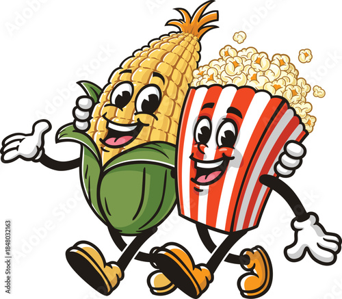 Cartoon corn and popcorn walking together