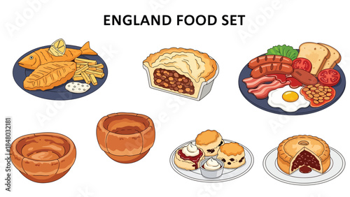 English food set featuring fish & chips, full breakfast, shepherd's pie, scones & pie. Ideal for menus, apps, websites & culinary designs. Flat vector illustrations
