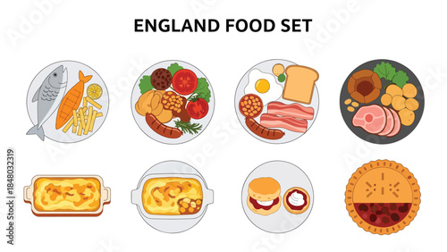 English food set featuring fish & chips, full breakfast, shepherd's pie, scones & pie. Ideal for menus, apps, websites & culinary designs. Flat vector illustrations