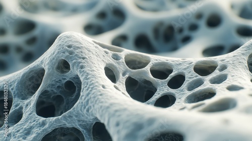 Close up microscopic view of porous bone tissue structure showing intricate network and cellular details