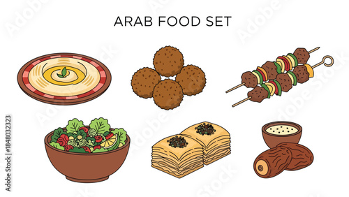 Arab food set featuring hummus, falafel, kebab, baklava & salads. Ideal for menus, apps, websites & culinary designs. Flat vector illustrations