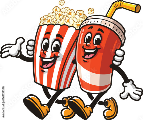 Cartoon popcorn and soft drink cup are walking together