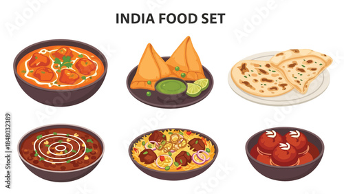 Indian food set featuring curry, samosa, biryani, naan, dal & gulab jamun. Perfect for menus, apps, websites & culinary designs. Flat vector illustrations