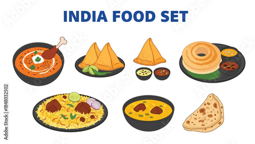 Indian food set featuring curry, samosa, biryani, naan, dal & gulab jamun. Perfect for menus, apps, websites & culinary designs. Flat vector illustrations