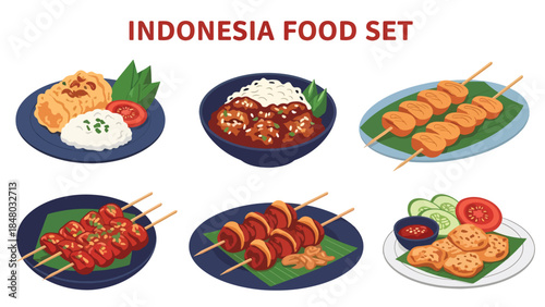 Indonesia food set with Nasi Goreng, Bakso, Sate, Rendang & more. Perfect for menus, apps, websites & culinary designs. Flat vector illustrations