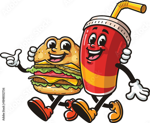 Cartoon of burger and soft drink cup walking together