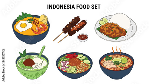Indonesia food set with Nasi Goreng, Bakso, Sate, Rendang & more. Perfect for menus, apps, websites & culinary designs. Flat vector illustrations