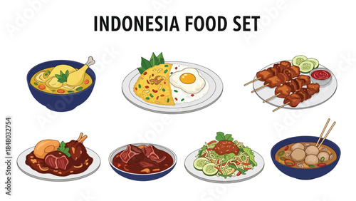 Indonesia food set with Nasi Goreng, Bakso, Sate, Rendang & more. Perfect for menus, apps, websites & culinary designs. Flat vector illustrations