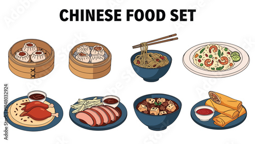 Chinese food set with Dim Sum, Sweet and Sour, Peking Duck, Spring Rolls & Ramen. Perfect for menus, apps, websites & culinary designs. Flat vector illustrations