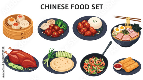 Chinese food set with Dim Sum, Sweet and Sour, Peking Duck, Spring Rolls & Ramen. Perfect for menus, apps, websites & culinary designs. Flat vector illustrations