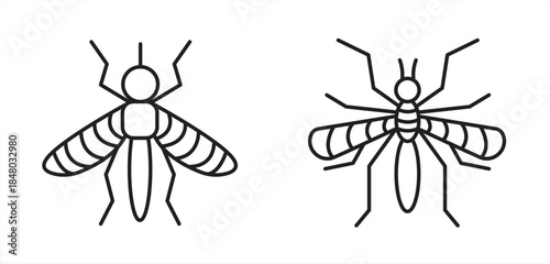 Mosquito icons, set in flat and line vector style, editable strokes, isolated on transparent background, vector illustration.

