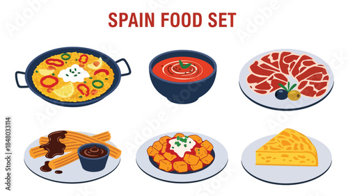 Spain food set featuring Paella, Gazpacho, Jamon Iberico, Churros, Patatas Bravas & Tortilla. Perfect for menus, apps, websites & culinary designs