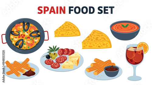 Spain food set featuring Paella, Gazpacho, Jamon Iberico, Churros, Patatas Bravas & Tortilla. Perfect for menus, apps, websites & culinary designs