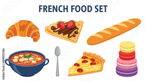 French food set featuring Croissant, Crème Brûlée, Baguette, Escargot, Cheese Platter & Bouillabaisse. Perfect for menus, apps, websites & culinary designs