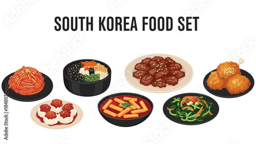 South Korea food icons set featuring Bibimbap, Kimchi, Bulgogi, Tteokbokki, Jjajangmyeon & Kimchi Stew. Perfect for menus, apps, websites & culinary designs