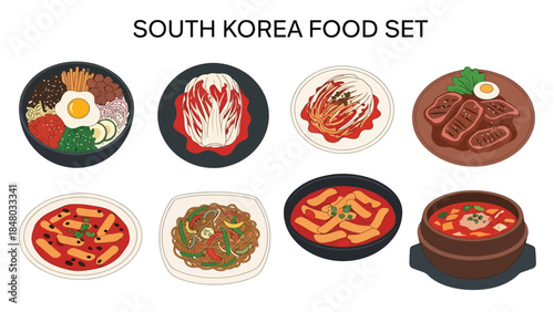 South Korea food icons set featuring Bibimbap, Kimchi, Bulgogi, Tteokbokki, Jjajangmyeon & Kimchi Stew. Perfect for menus, apps, websites & culinary designs