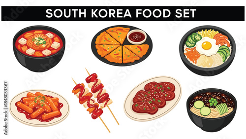 South Korea food icons set featuring Bibimbap, Kimchi, Bulgogi, Tteokbokki, Jjajangmyeon & Kimchi Stew. Perfect for menus, apps, websites & culinary designs