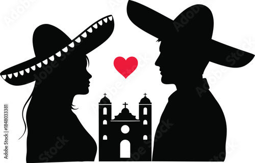 Couple wearing sombreros with mexican flags and church