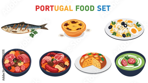Portugal food set featuring Pastel de Nata, Bacalhau, Francesinha, Sardines & Bolo Rei. Perfect for menus, apps, websites & culinary designs