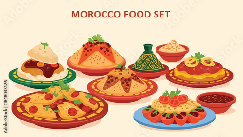 Morocco food set featuring Tagine, Couscous, Harira, Pastilla, Hummus & Msemen. Perfect for menus, apps, websites & culinary designs