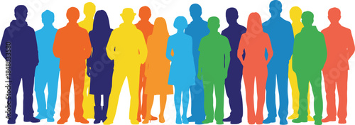 Colorful silhouettes of 18 diverse individuals standing side by side symbolizing unity, inclusion, and community diversity