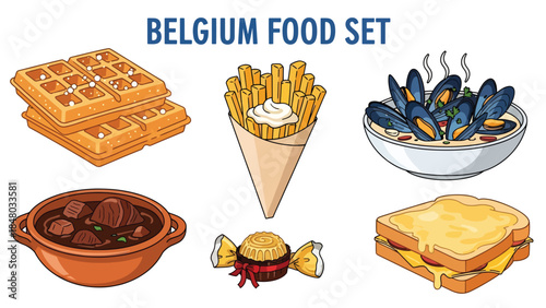 Belgium food set featuring Belgian Waffles, Fries, Mussels, Chocolate, Beer & Speculoos. Perfect for menus, apps, websites & culinary designs